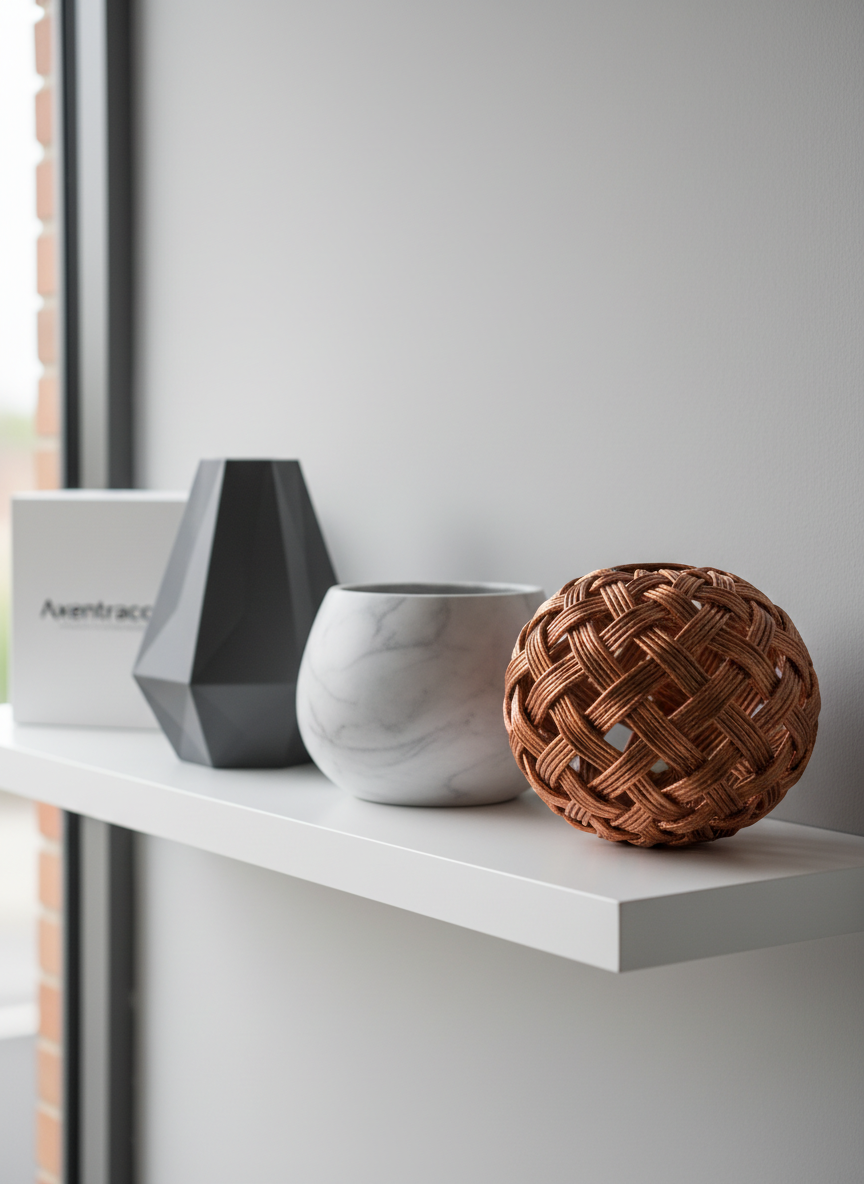 A collection of meticulously printed 3D decor objects arranged on a clean white display shelf: a low-poly geometric vase in matte charcoal, a smooth, marble-textured planter in light gray, and an intricate lattice sphere in metallic copper filament. The shelf stands against a soft, light-grey wall in a modern studio environment, with a subtle Axentracom-branded box placed neatly in the background. Soft, diffused daylight from a large unseen window washes across the scene, creating gentle shadows and crisp highlights on each texture. Photographed at eye level with a slight three-quarter angle, the composition uses shallow depth of field to keep the front objects razor sharp while the background softly blurs. The mood is professional, clean, and contemporary, emphasizing photographic realism and premium quality.